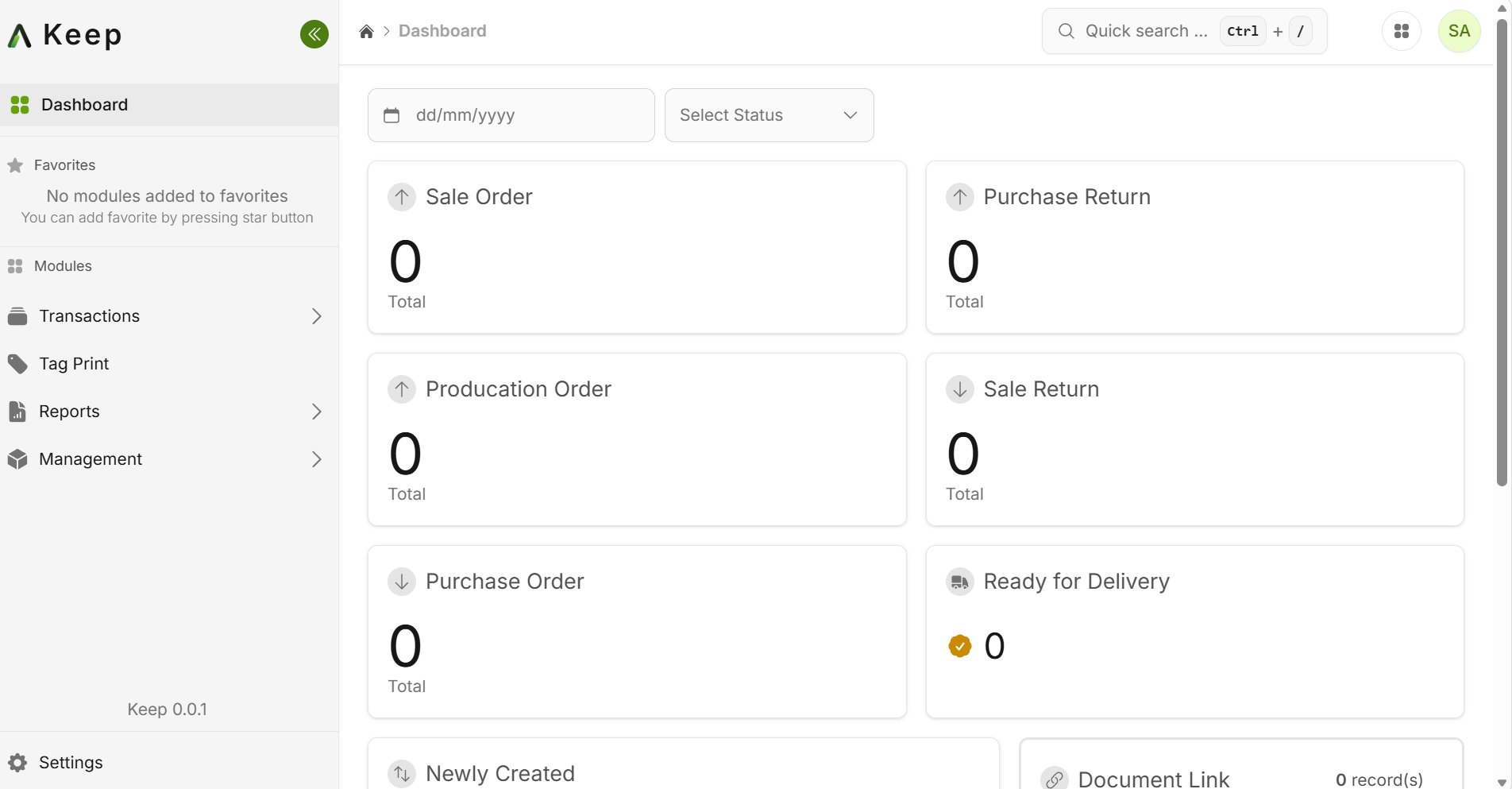 Ensemble platform dashboard showing sale orders, purchase returns, production orders, inventory and delivery management